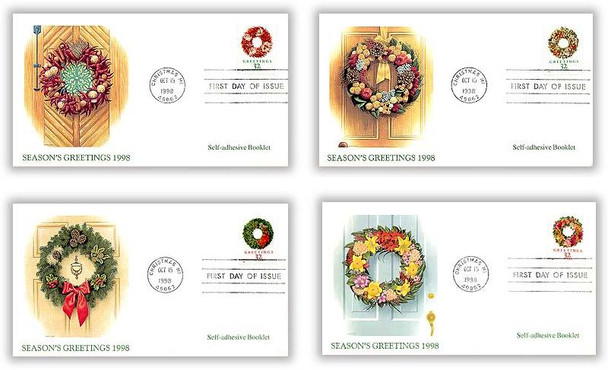 3249a - 3252a / 32c Greetings Holiday Wreaths PSA Booklet Issue Set of 4 Christmas Series 1998 Fleetwood FDCs