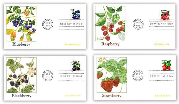 3302 - 3305 / 33c Fruit Berries PSA Coil Set of 4 Fleetwood 1999 FDCs