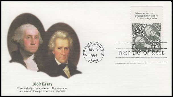 2592 / $5 1869 Essay : Washington and Jackson with Tab Fleetwood 1994 FDC