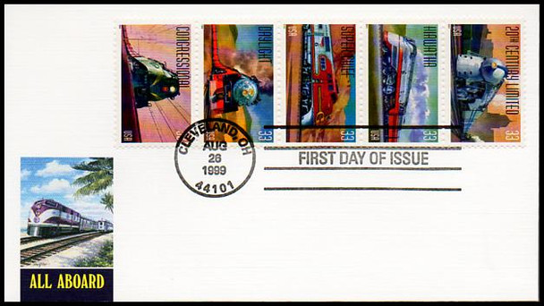 3337a / 33c All Aboard Twentieth Century Trains Se-Tenant Strip of 5 Fleetwood 1999 FDC