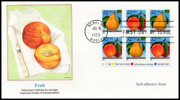 2494a / 32c Peach & Pear Self-Adhesive Plate Block Pane of 6 Variation #2 Fleetwood 1995 FDC