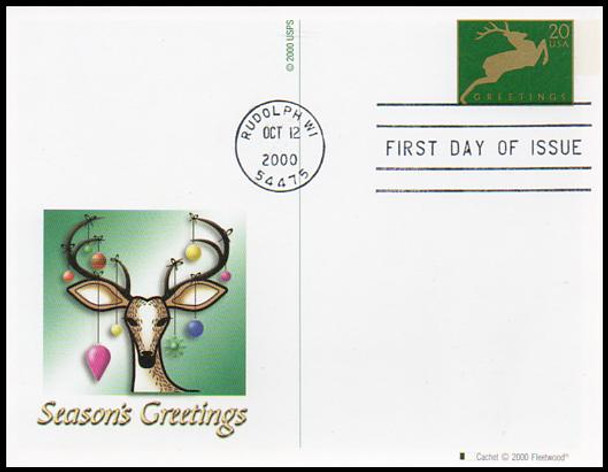 UX357 - UX360 / 20c Holiday Deer Set of 4 Fleetwood 2000 Postal Card FDCs