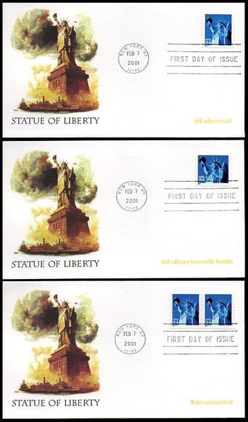 3476 / 3477 / 3485 / 34c Statue of Liberty Set of 3 Fleetwood 2001 FDCs