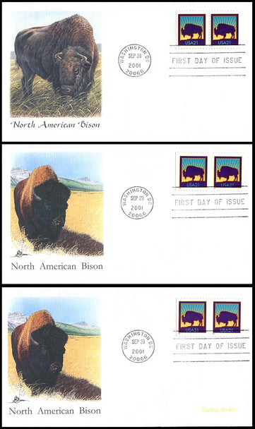 3467 / 3484 / 3484a / 21c North American Bison Set of 3 Fleetwood 2001 FDCs