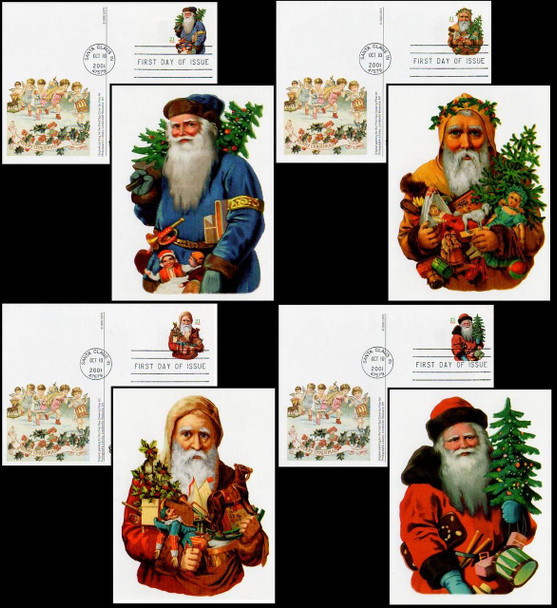 UX377 - UX380 / 21c Holiday Santas Postal Card Set of 4 Fleetwood 2001 First Day Covers