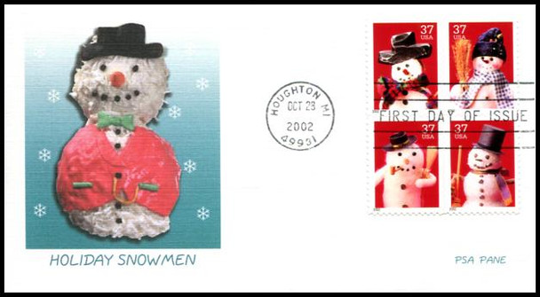 3679a / 37c Snowman PSA Block of 4 Fleetwood 2002 First Day Cover