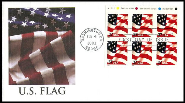 3637a / 37c U.S. Flag PSA ATM Booklet Pane of 6 Fleetwood 2003 First Day Cover