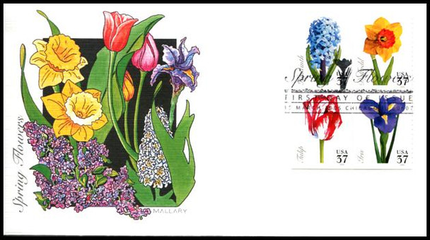 3903a / 37c Spring Flowers Se-Tenant Block Fleetwood 2005 First Day Cover