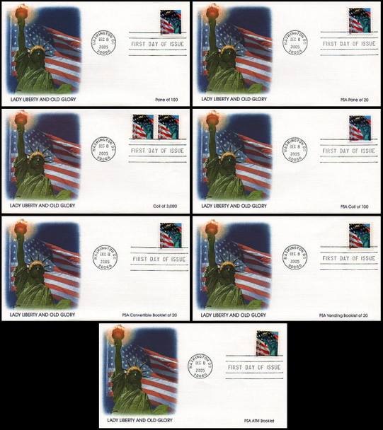 3965 - 3975 / 39c Non-Denomited Lady Liberty and Old Glory Set of 7 Fleetwood 2005 FDCs