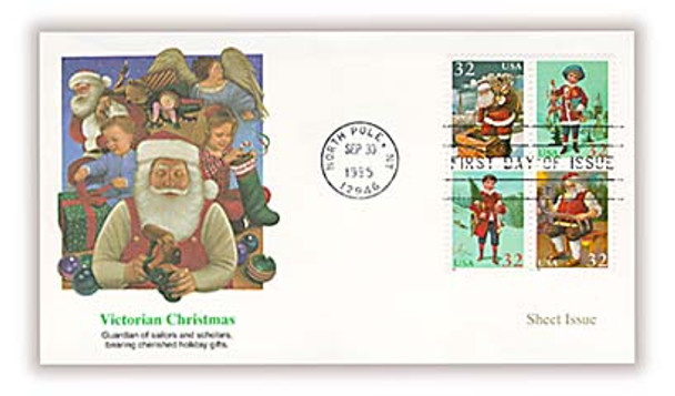 3007a / 32c Santa and Children Sheet Issue Se-Tenant Block of 4 Christmas Series 1995 Fleetwood FDC