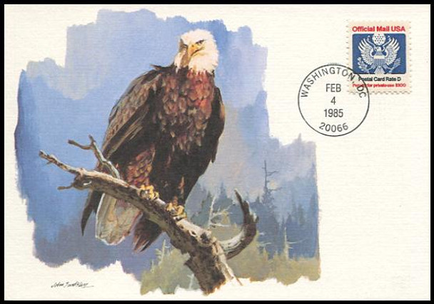 O138 / Postal Card D Rate (14c) Official Mail Eagle 1985 Fleetwood First Day of Issue Maximum Card