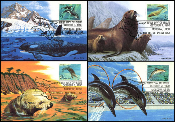 2508 - 2511 / 25c Sea Creatures Set of 4 Fleetwood 1990 First Day of Issue Maximum Card