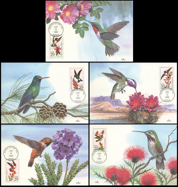 2642 - 2646 / 29c Hummingbirds Set of 5 Fleetwood 1992 First Day of Issue Maximum Card
