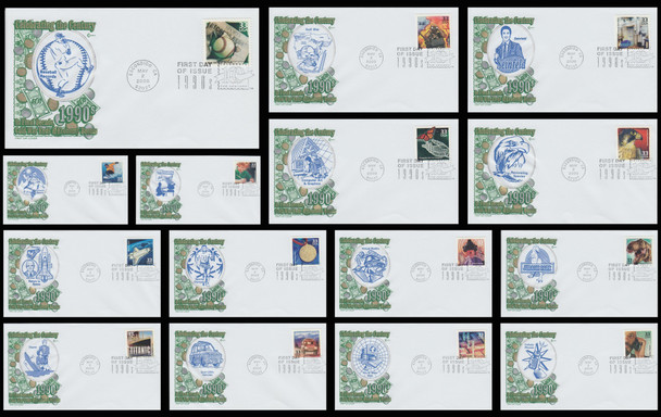 3191a-o / 33c Celebrate The Century ( CTC ) 1990s Set of 15 Cover Craft Cachet Limited Edition 2000 First Day Covers with Text Insert Cards