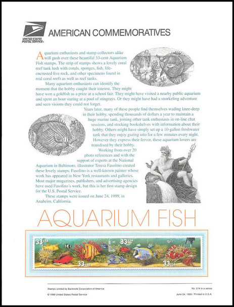 3317 / 3320 / 33c Aquarium Fish 1999 USPS American Commemorative Panel Sealed #574