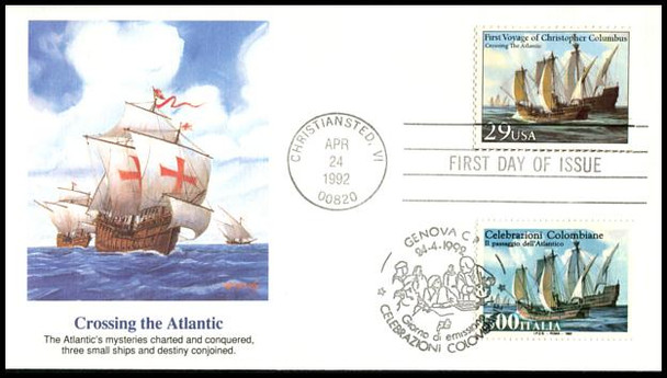 2620 - 2623 and 1877 - 1880 / 29c and 500 Lire First Voyage of Christopher Columbus Dual Joint Issue Set of 4 Fleetwood 1992 FDCs