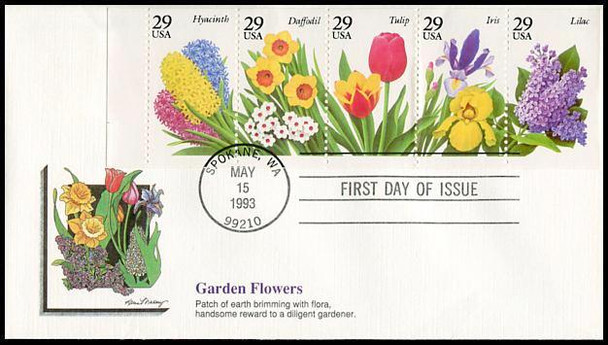 2764a / 29c Spring Garden Flowers Se-Tenant Booklet Pane of 5 Fleetwood 1993 FDC