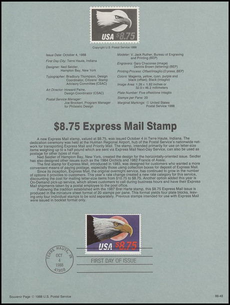 2394 / $8.75 Express Mail Eagle and Moon Booklet Single 1988 USPS #88-48 Souvenir Page