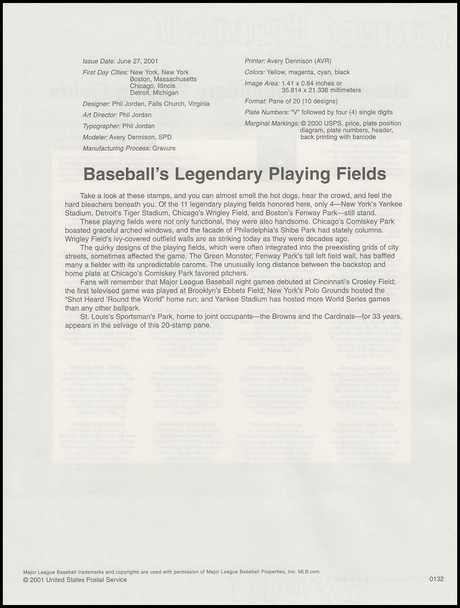 3510 - 3519 / 34c Legendary Baseball Playing Fields Pane of 10 : 2011 USPS #0132 Souvenir Page