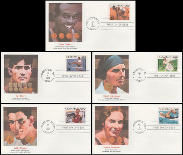 2496 - 2500 / 25c Olympians Set of 5 Fleetwood 1990 First Day Covers