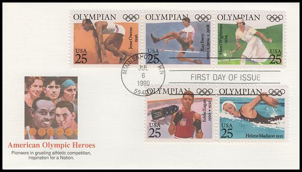 2500a / 25c Olympians Se-Tenant Strip of 3 and 2 Fleetwood 1990 First Day Cover