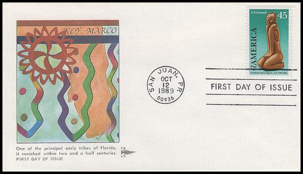C121 / 45c Pre-Columbian America Southeast Carved Figure Airmail : Americas Series 1989 Gill Craft FDC
