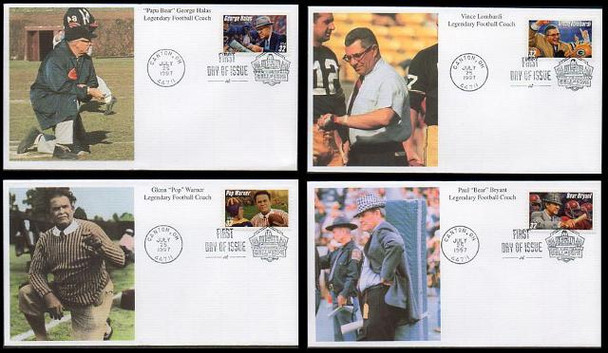3143 - 3146 / 32c Legendary Football Coaches : Canton, OH Hall of Fame Postmark Set of 4 Mystic 1997 FDCs