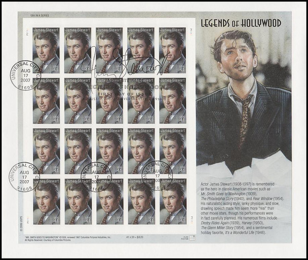 4197 / 41c James ( Jimmy ) Stewart : Legends of Hollywood Pane USPS Uncacheted 2007 FDC