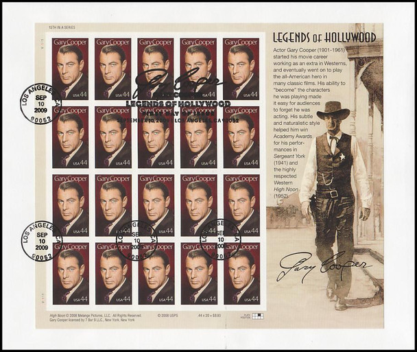 4421 / 44c Gary Cooper : Legends of Hollywood Pane USPS Uncacheted 2009 FDC