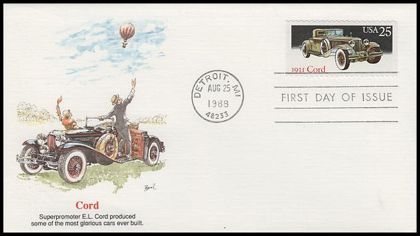 2381 - 2385 / 25c Classic Automobiles Set of 5 Artist Basil Smith Fleetwood 1988 FDCs