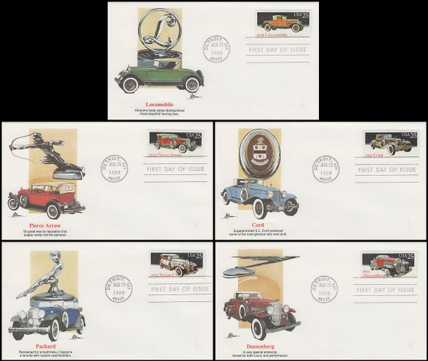 2381 - 2385 / 25c Classic Cars Artist John Benson 1988 Set of 5 Fleetwood FDCs