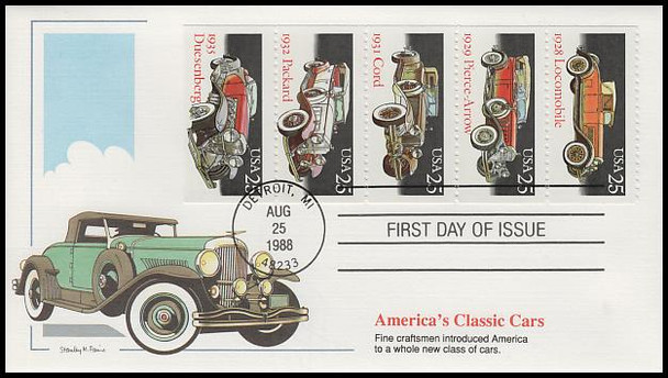 2385a / 25c Classic Cars Se-Tenant Booklet of 5 Fleetwood 1988 First Day Cover