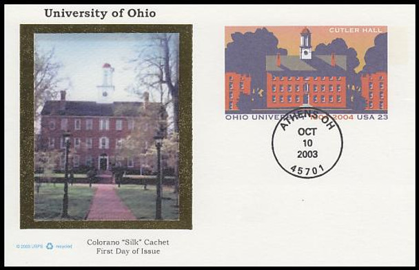 UX400 / 23c Ohio University Cutler Hall Colorano Silk 2003 Postal Card FDC