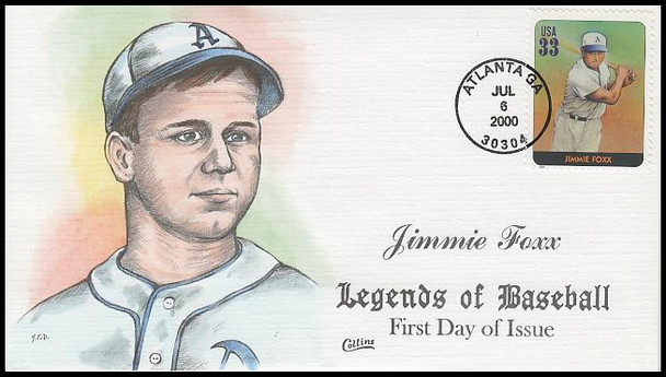 3408n / 33c Jimmie Foxx : Legends Of Baseball Collins Hand-Painted 2000 FDC