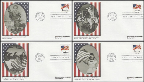 4637 - 4640 / 45c Four Flags : Banknote Corp. Coil Set of 4 w/ PNC Fleetwood 2012 FDCs