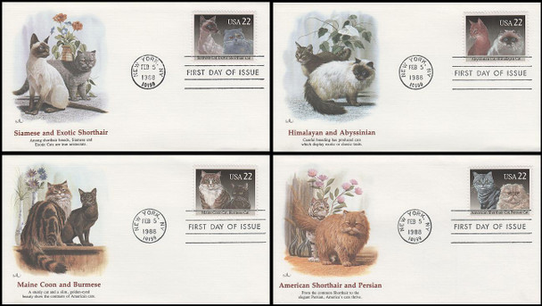 2372 - 2375 / 22c Cat Breeds 1988 Set of 4 Fleetwood First Day Covers