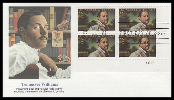 3002 / 32c Tennessee Williams : Playwright Plate Block Lower Right 1995 Fleetwood FDC