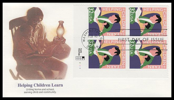 3125 / 32c Helping Children Learn PSA Plate Block Lower Left 1997 Fleetwood FDC