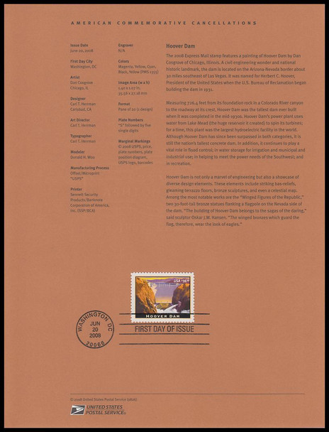4269 / $16.50 Hoover Dam Express Mail 2008 USPS #08-26 Souvenir Page