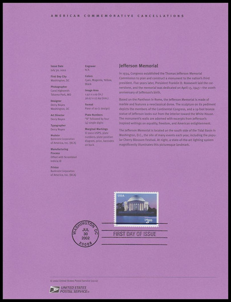 3647 / $3.85 Jefferson Memorial Priority Mail 2002 USPS #0222 Souvenir Page