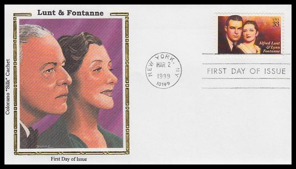 3287 / 33c Alfred Lunt and Lynn Fontanne : Actors 1999 Colorano Silk First Day Cover