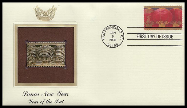 4221 / 41c Year of the Rat : Celebrating Lunar New Year Series 2008 Gold Replica Postal Commemorative Society FDC with Info Card