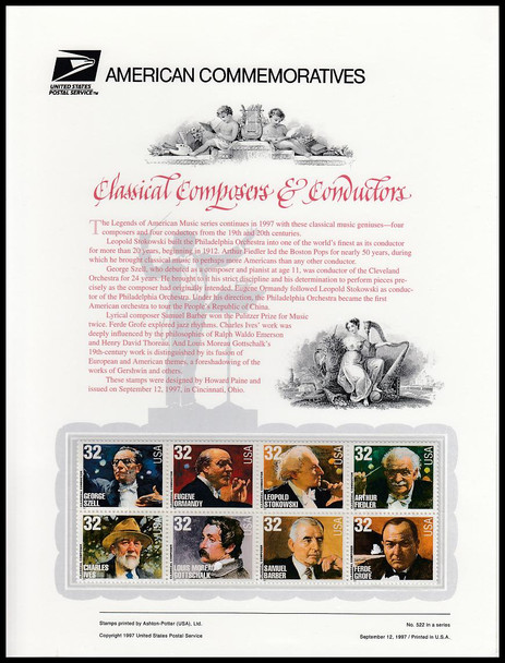 3158 - 3165 / 32c Classical Composers and Conductors 1997 USPS American Commemorative Panel #522