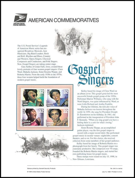 3216 - 3219 / 32c Gospel Singers 1998 USPS American Commemorative Panel #544