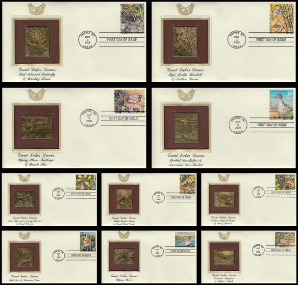 4352a - j / 42c Great Lakes Dunes : Nature Of America Series Set of 10 Gold Replica Postal Commemorative Society 2008 FDCs with Info Cards