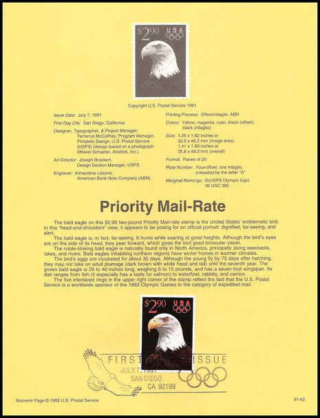 2540 / $2.90 Priority Mail Eagle and Olympic Rings 1991 USPS #9162 Souvenir Page