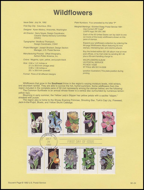 2647 - 2696 / 29c Wildflowers 1992 Set of 5 USPS #92-23 to 27 Souvenir Pages