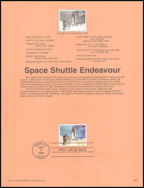 2544A / $10.75 Space Shuttle Endeavour Express Mail 1995 USPS #95-31 Souvenir Page
