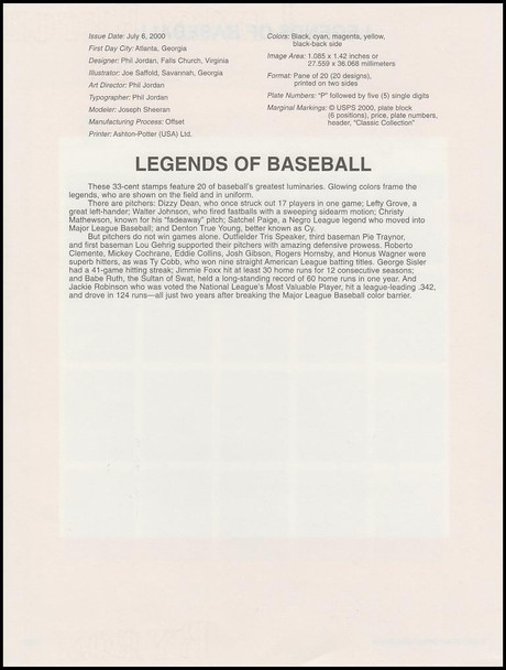 3408 / 33c Legends of Baseball Pane 2000 USPS #0020 Souvenir Page