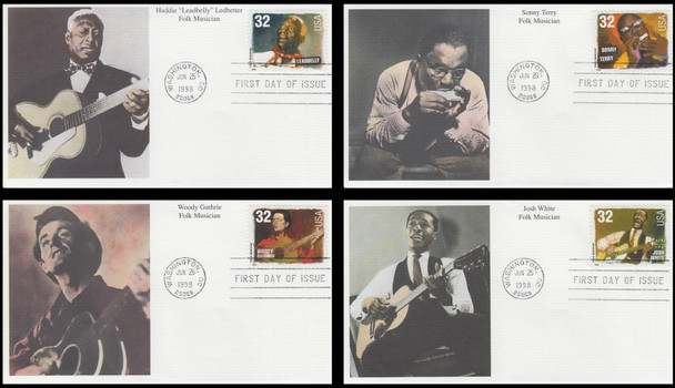 3212 - 3215 / 32c Folk Musicians Set of 4 Mystic 1998 First Day Covers